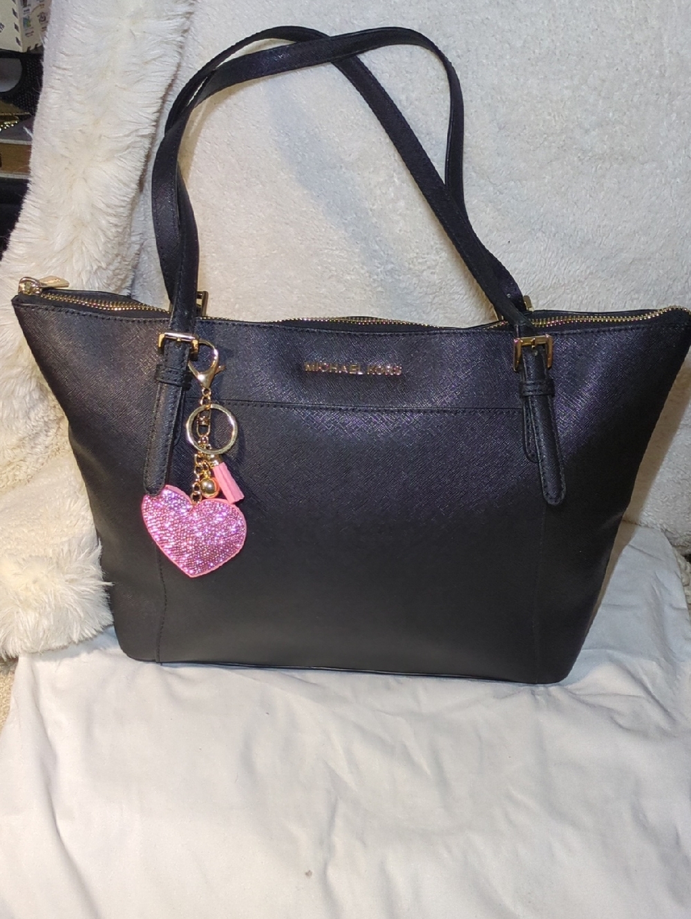 Michael Kors Black Leather Tote with Pink Heart Charm EUC NOW ONLY $125
